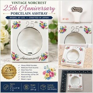Vintage Norcrest 25th Anniversary Porcelain Ashtray AF-525 Floral Silver Trim